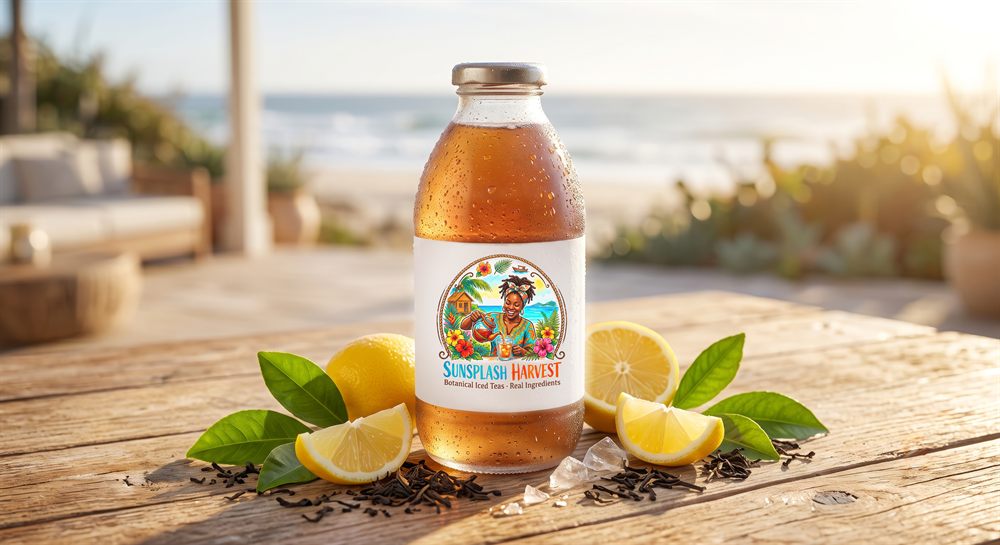 SunSplash Harvest Classic Lemon black iced tea on a beach table