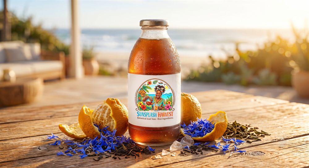 SunSplash Harvest Earl Grey black iced tea on a beach table