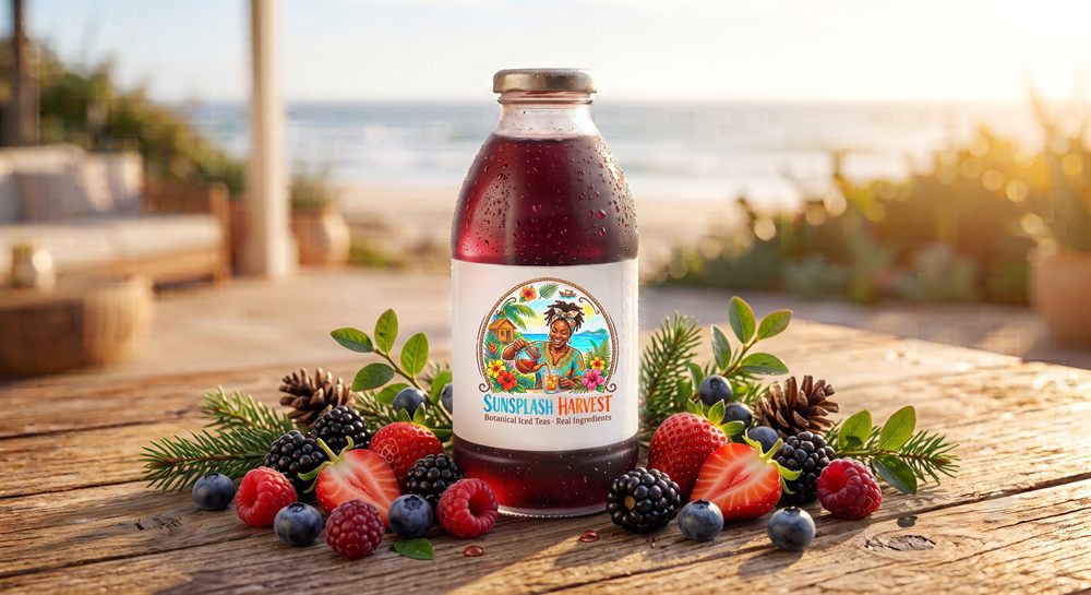 SunSplash Harvest Forest Fruit iced tea on a beach table