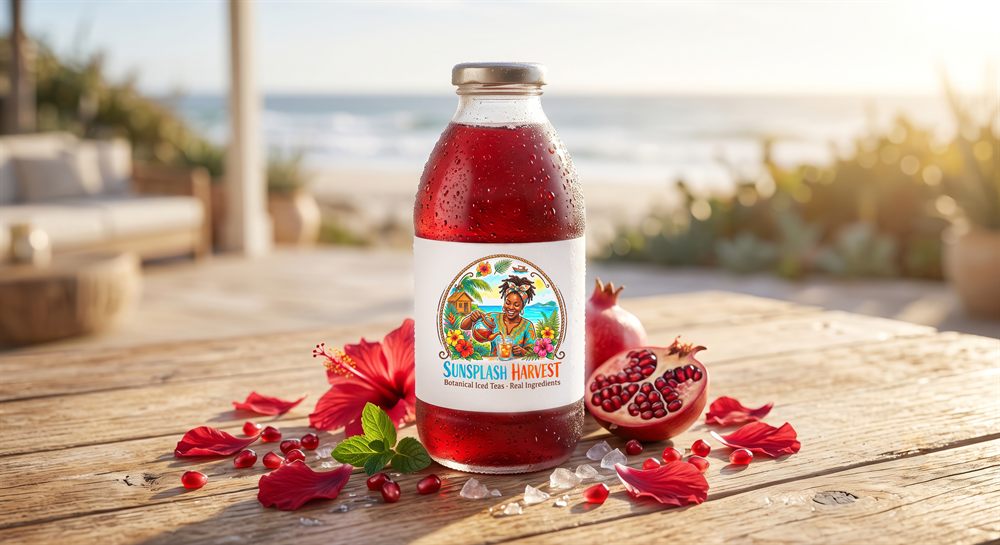A chilled bottle of SunSplash Harvest Hibiscus Pomegranate iced tea on a sunny beach table