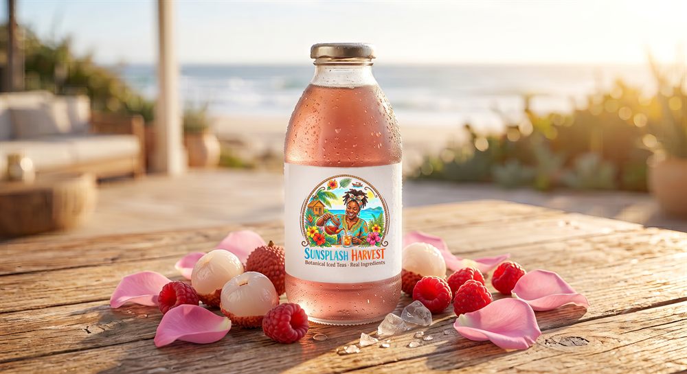 SunSplash Harvest Lychee Raspberry Rose iced tea on a beach table