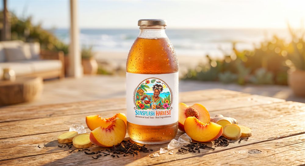 SunSplash Harvest Peach Ginger black iced tea on a beach table