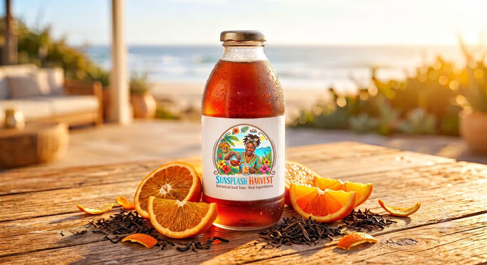 SunSplash Harvest Seville Orange black iced tea on a beach table