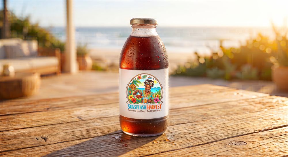 SunSplash Harvest Unsweetened Black iced tea on a beach table