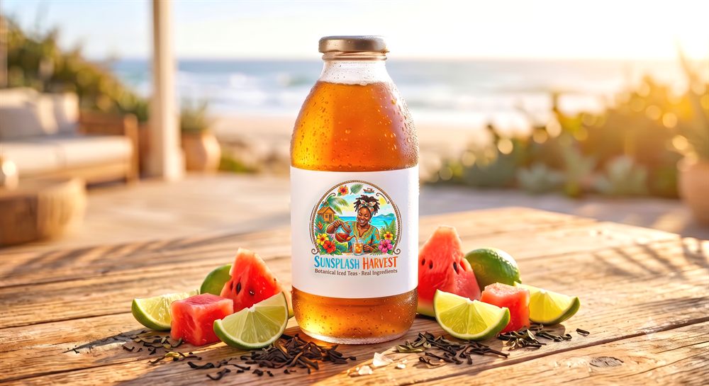SunSplash Harvest Watermelon Lime iced tea on a beach table